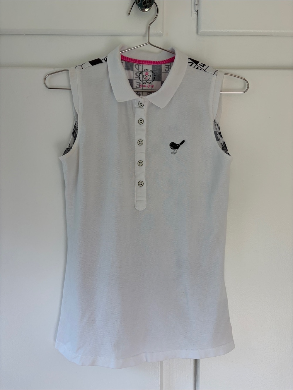 Girls Golf -Black & White Crossword-Print Sleeveless Golf Polo